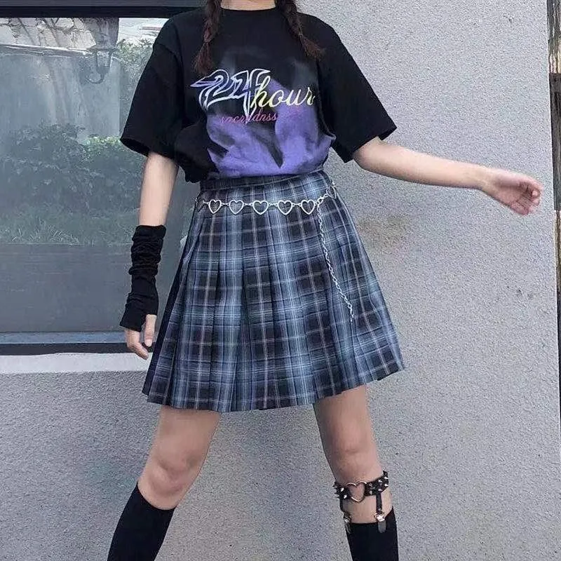 Japanese girl JK uniform Harajuku Academy style sweet plaid skirt for women Gothic pink blue high waisted pleated mini skirt