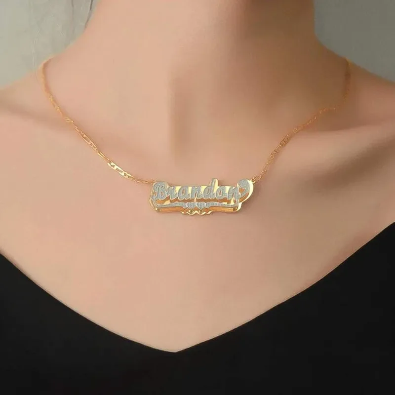 Kunden spezifische doppelte Liebe Edelstahl zweifarbiges Typenschild kunden spezifische 3d Figaro-Kette Bankett Jubiläums geschenk Schmuck Halskette