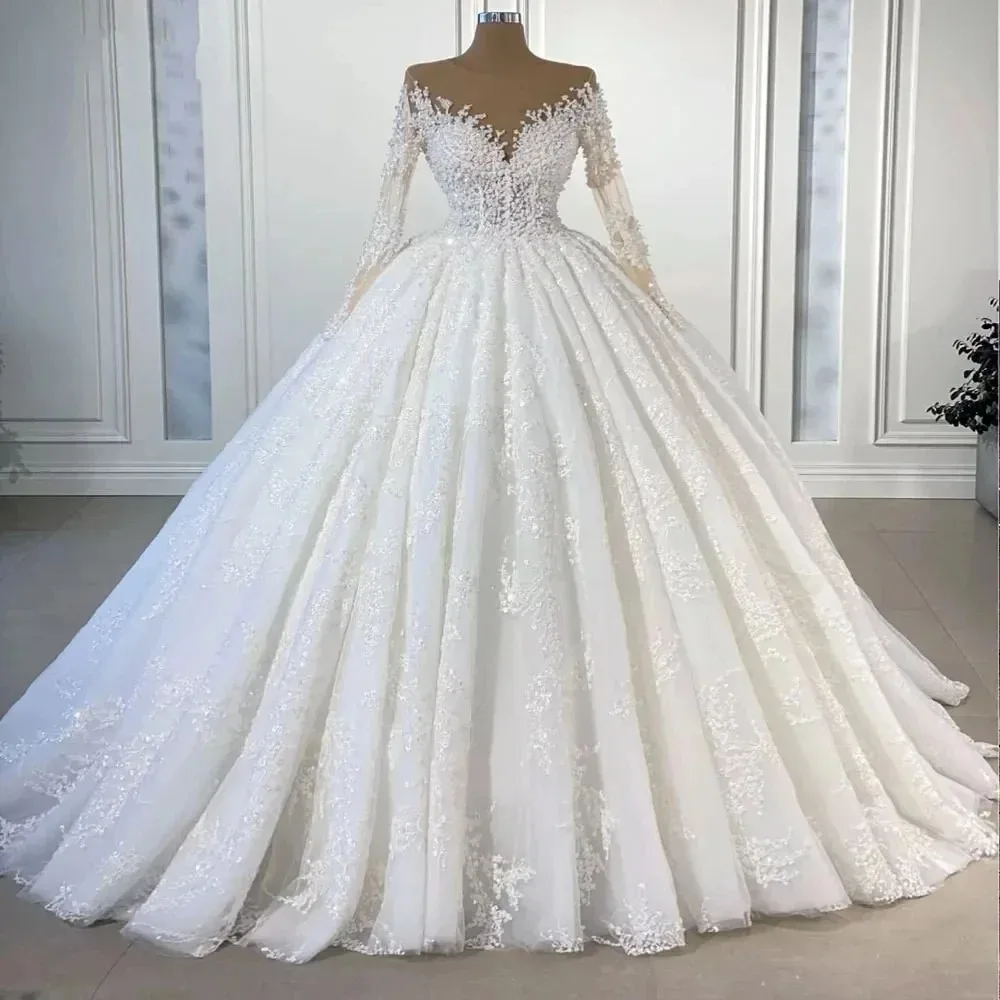Customized 2026 New Elegant Silky Lace V-Neck Full Sleeve A Line Wedding Dresses 2025 Beading Pearls Brown Skin Bridal Gowns