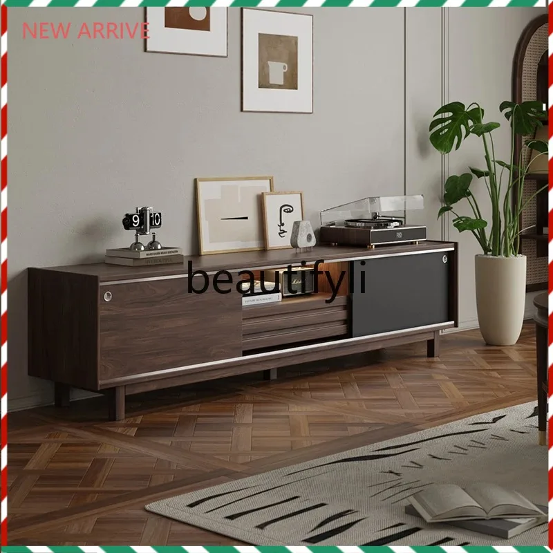 

D2520 Black walnut TV cabinet living room combination coffee table fashionable multi-functional storage retro floor cabinet