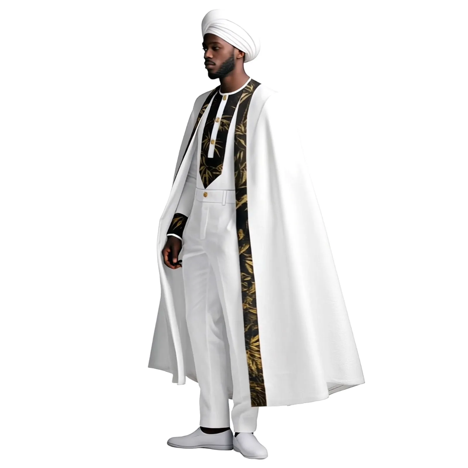 بدلة زفاف أفريقية مكونة من 4 قطع للرجال من DBQ مع عباءة طويلة وسترة واحدة الصدر وسراويل ضيقة وقبعة - ملابس رجالية تقليدية عرقية #2