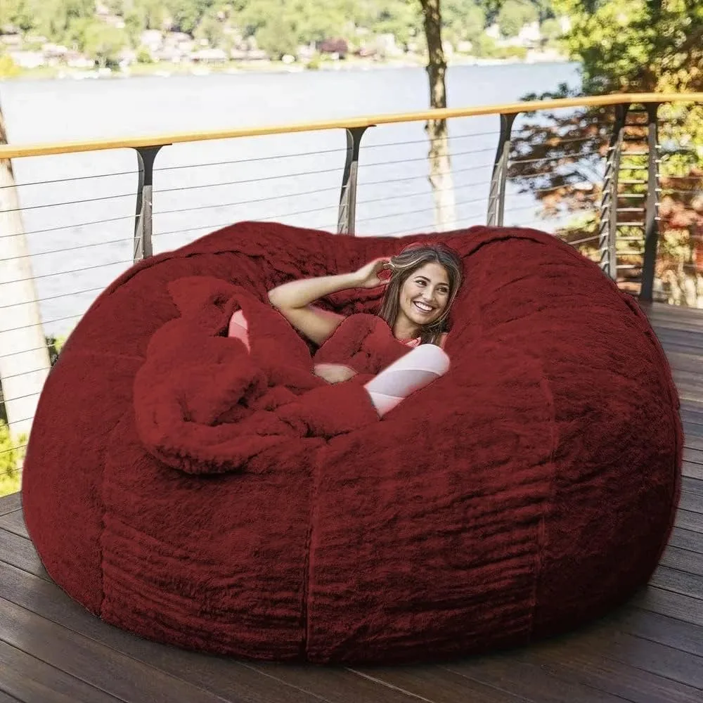 

7ft Giant Fur Bean Bag Chair for Adult Living Room Furniture Big Round Soft Fluffy Faux Fur BeanBag Lazy Sofa Bed Cover Grey (Wi