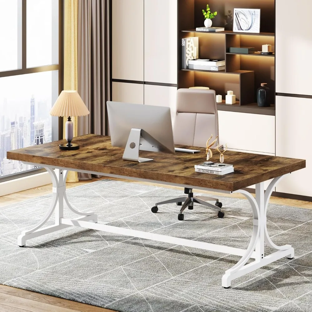 

62.4-Inch Executive Desk, Rectangle Office Computer Desk with Thick Wooden Tabletop and Metal Frame, Study Writing Table