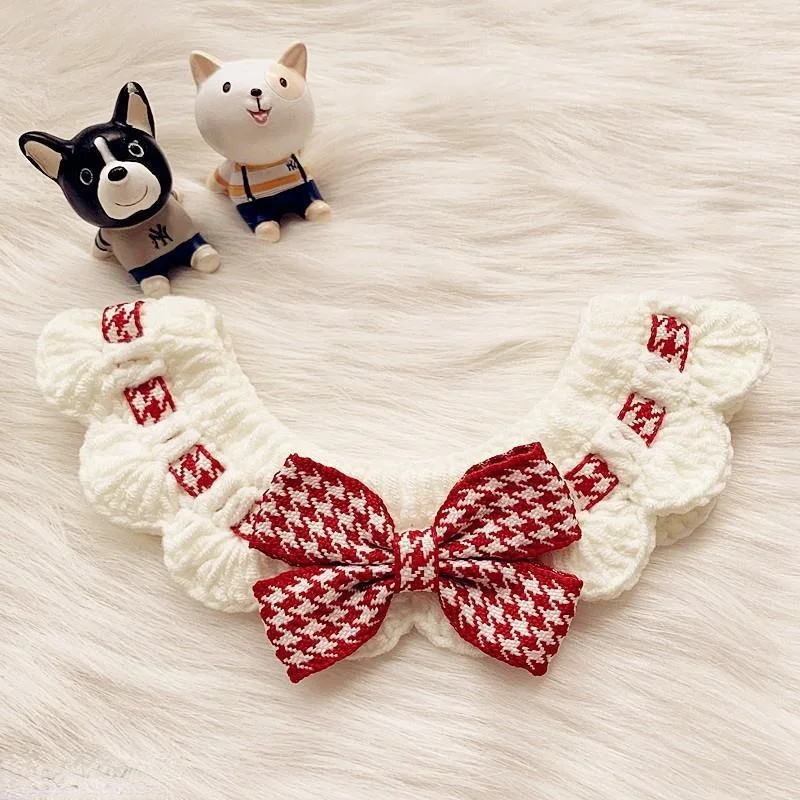 Cute Cats Dog Collar Adjustable Hand Knitted Collar with Bell Manual Crochet Cat Small Dogs Bandana Sweet Bowknot Kitten