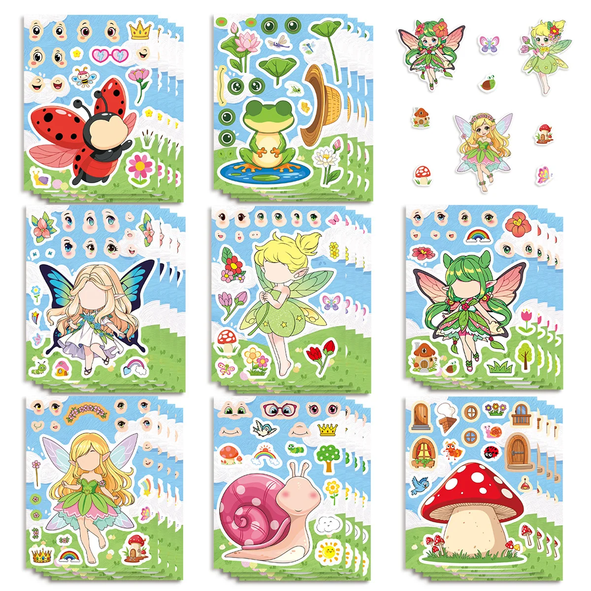 8-Pack Forest Fairy Cartoon Make a Face Stickers Waterproof Decals for Guitar Luggage Notebook Stationery