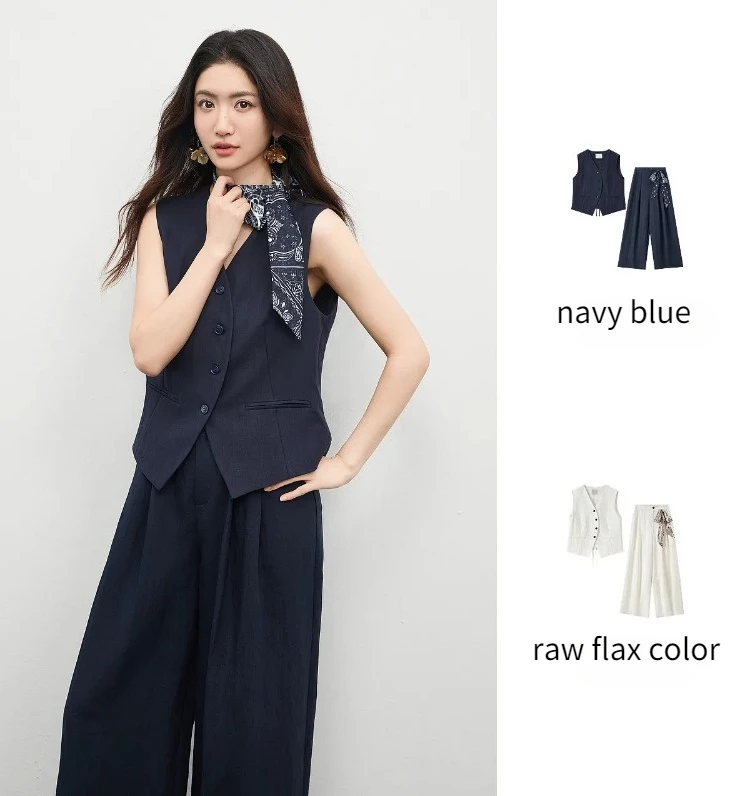 SENTUBILA Office 2 Piece Pant Set 2026 Women Linen Blend Summer Suit V Neck Waistcoat Wide Leg Baggy Pant Print Scarf 162ZA5663Z