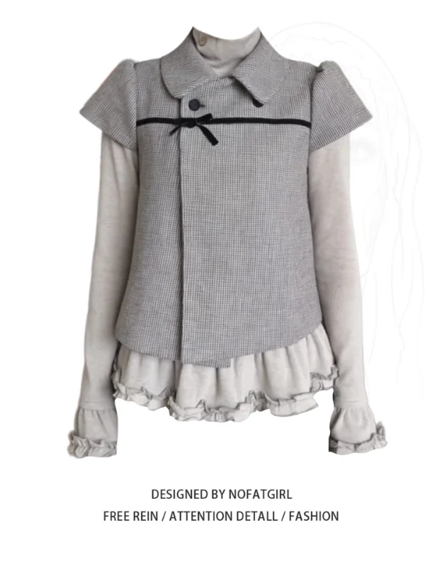 plus Size Women's Knitted Plaid  Knot Open Cardigan Bottom Shirt Wave  Two-Piece Set Autumn Fashion Casual Outfit