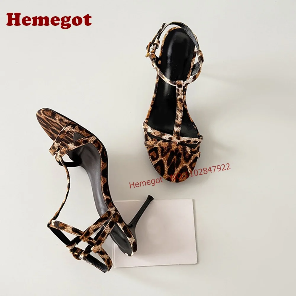 Leopard Print T-Strap Stiletto Sandals Multi Thin Straps Adjustable Ankle Buckle Open Round Toe Retro Animal Print Party Pumps