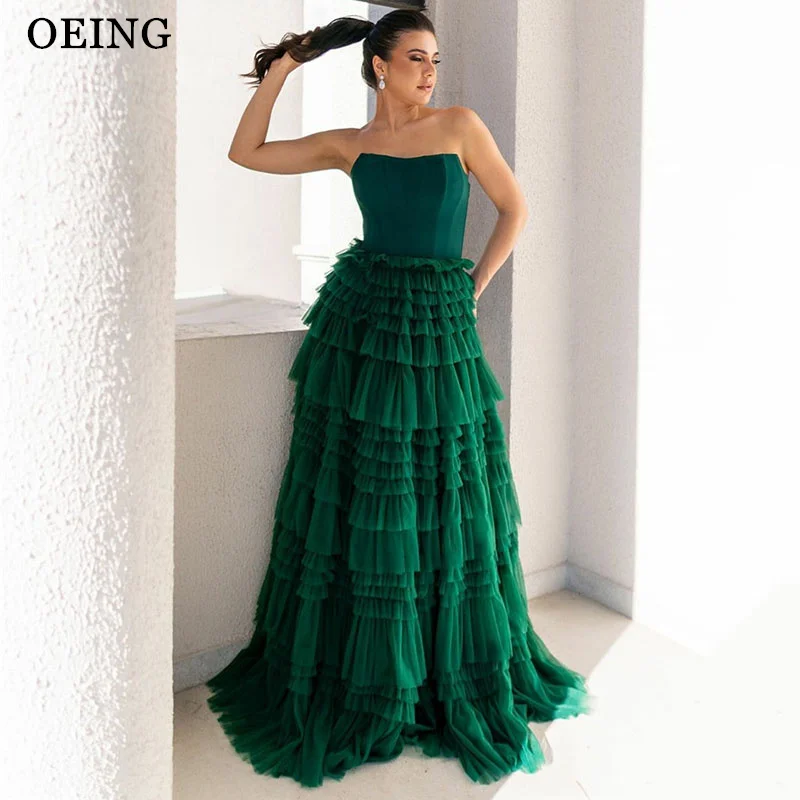 OEING Green Tulle A Line Prom Dresses Elegant Strapless Tulle Tiered Evening Gowns Bride Garden Formal Long Party Dress Gala