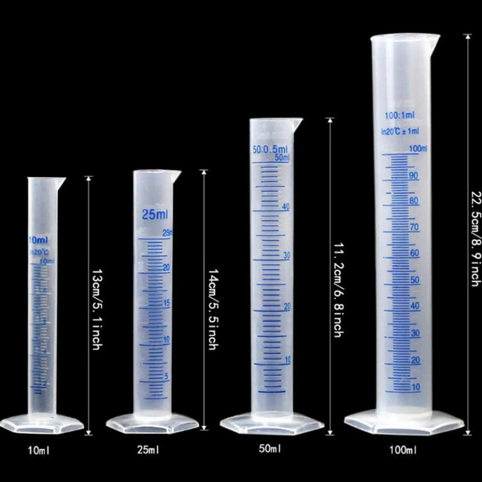 Silinder plastik dan gelas 10ml, 25ml, 50ml, 100ml silinder 5pcs cangkir