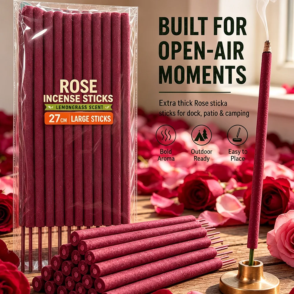 Garden Rose Extra-Large Scented Stick, 27cm long, 6mm thick, with a fresh rose herbal scent, can burn for 1.5-2 hours, suitable for creating ambiance at terrace dinners, camping, picnics, and backyard gatherings