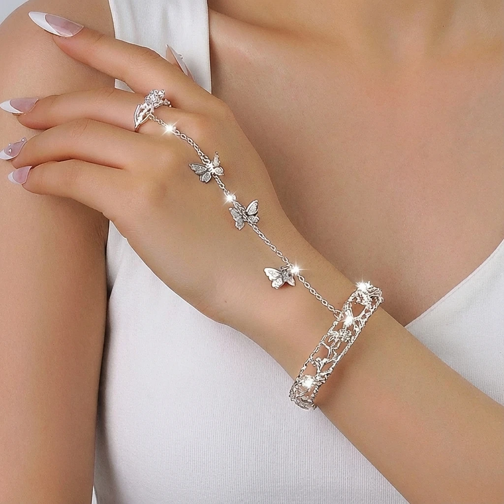 Silver Color Crystal Zircon Butterfly Hand Chain Connected Finger Ring Bracelet for Women Rhinestone Bracelets Party Jewelry