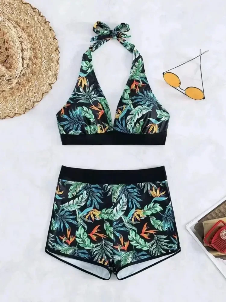 

Women's Bikini Sets V Neck Tropical Leaf Print High Waisted Swimwear Two Pieces Swimsuit with Shorts Bathing Suits Vintage Trunk