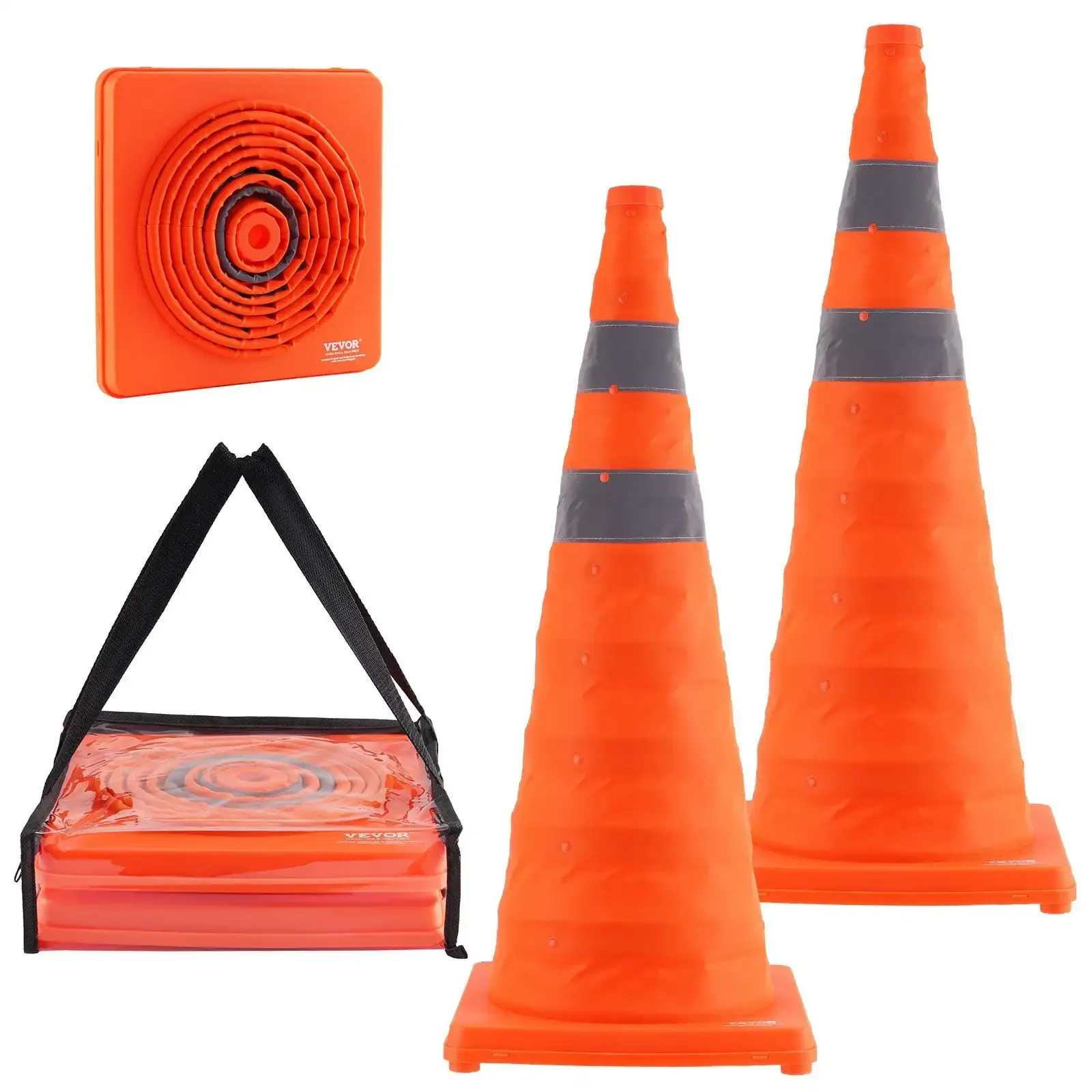 Safety Cones, 2 Pack 28 inch Collapsible Traffic Cones, Construction Cones with Reflective Collars, Wide Base and A Storage Bag