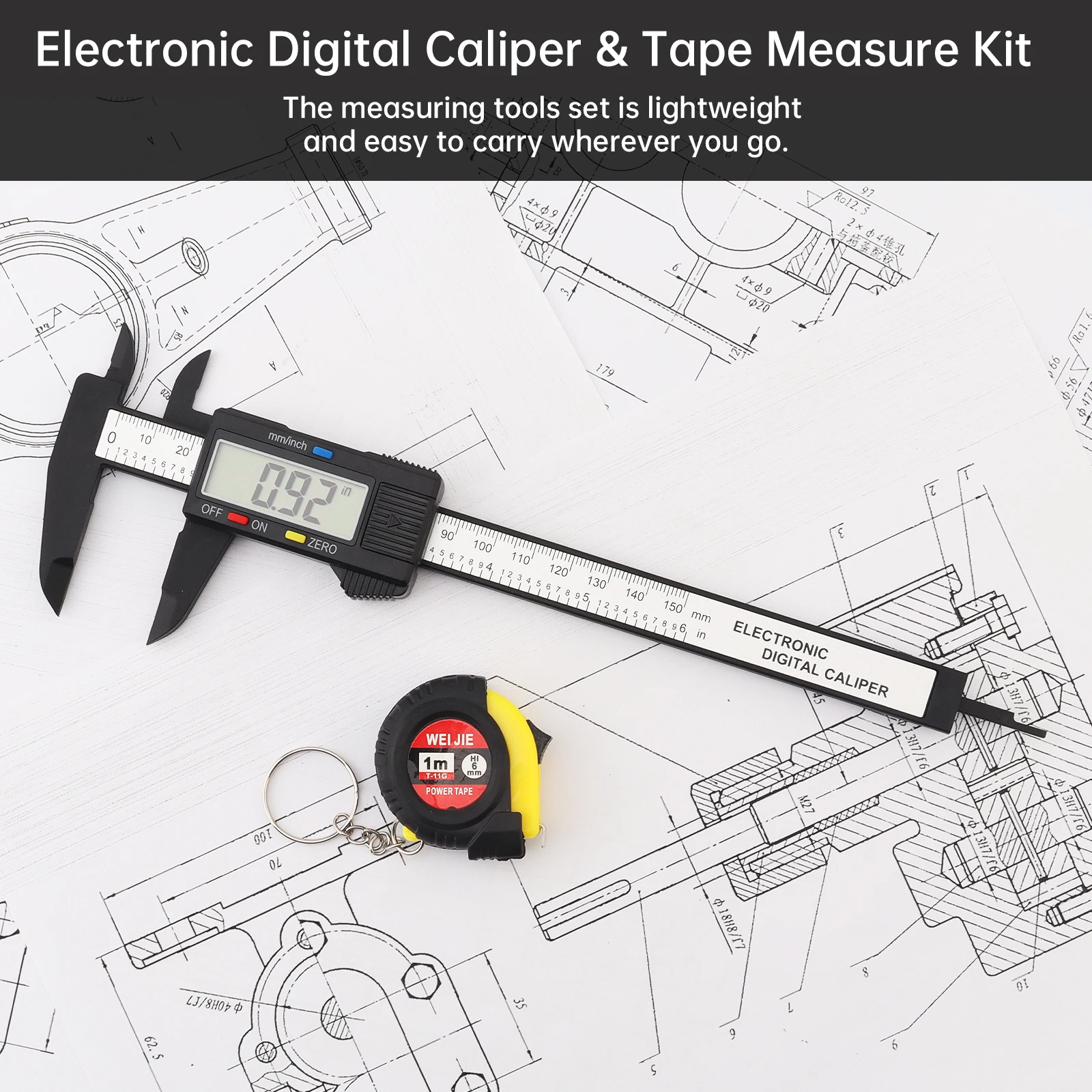 Imagem -02 - Eletrônica Digital Vernier Caliper Portátil Ferramenta de Medição Gauge Conjunto com Mini Tape Polegada Milímetro Tela Lcd 0150 mm Pcs por Conjunto