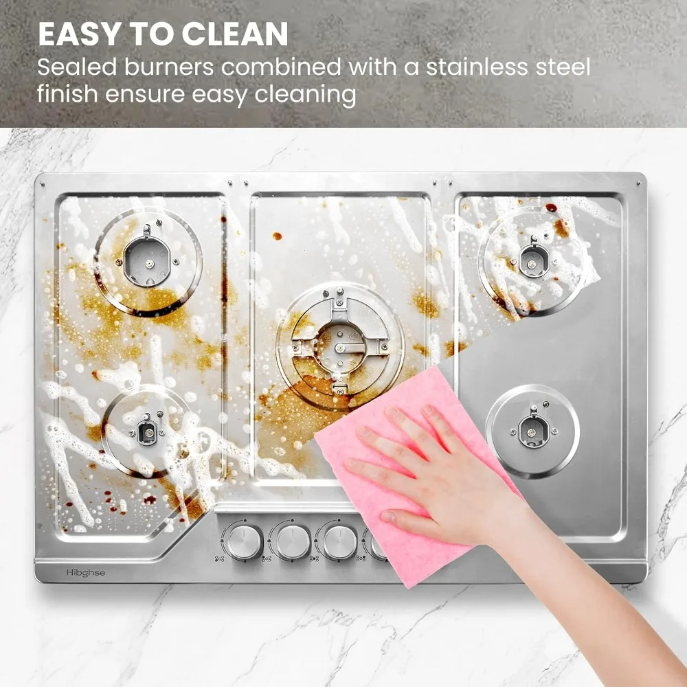 Estufa de gas de 30 pulgadas con 5 quemadores sellados, estufa empotrada de acero inoxidable con protección de termopar, gas