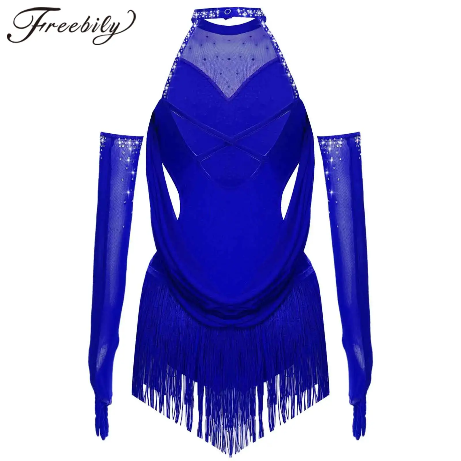 

Kids Girls Modern Latin Dance Costume Tassel Leotard Chacha Tango Dancewear Bodysuit with Mesh Gloves Stage Performance Wear