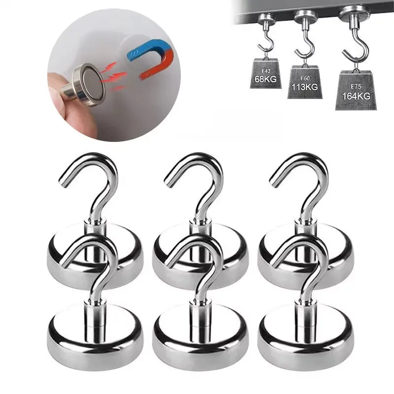 1-6pcs Magnetic Hooks Heavy Duty Strong Magnet Hooks Rust Proof Indoor Outdoor Hanging Kitchen Home Workplace Office And Garage