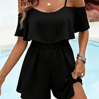 Women's Casual Short Jumpsuit, Off-Shoulder Halter Jumpsuit, Solid Color Asymmetrical/Irregular Vacation Style with Ruffled Hem. - Image 4