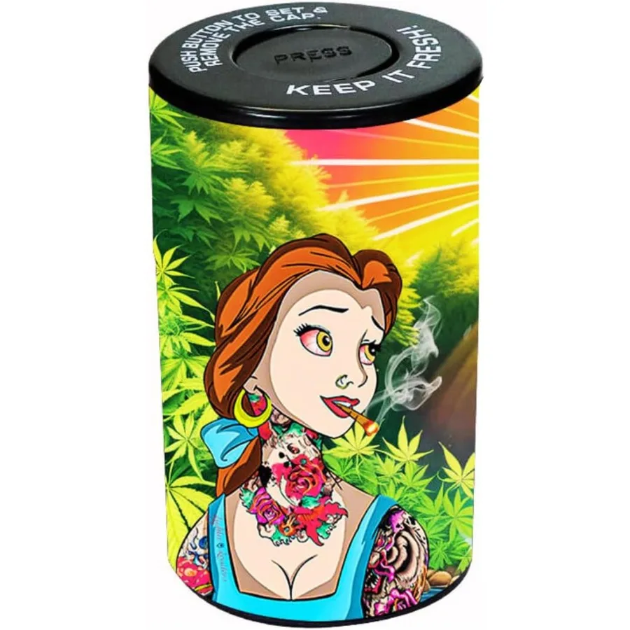 

Stash Jar with custom printed Bad Belle and Schnow White Design. Smell Proof/ Tight Design. Press and Hold the top button while
