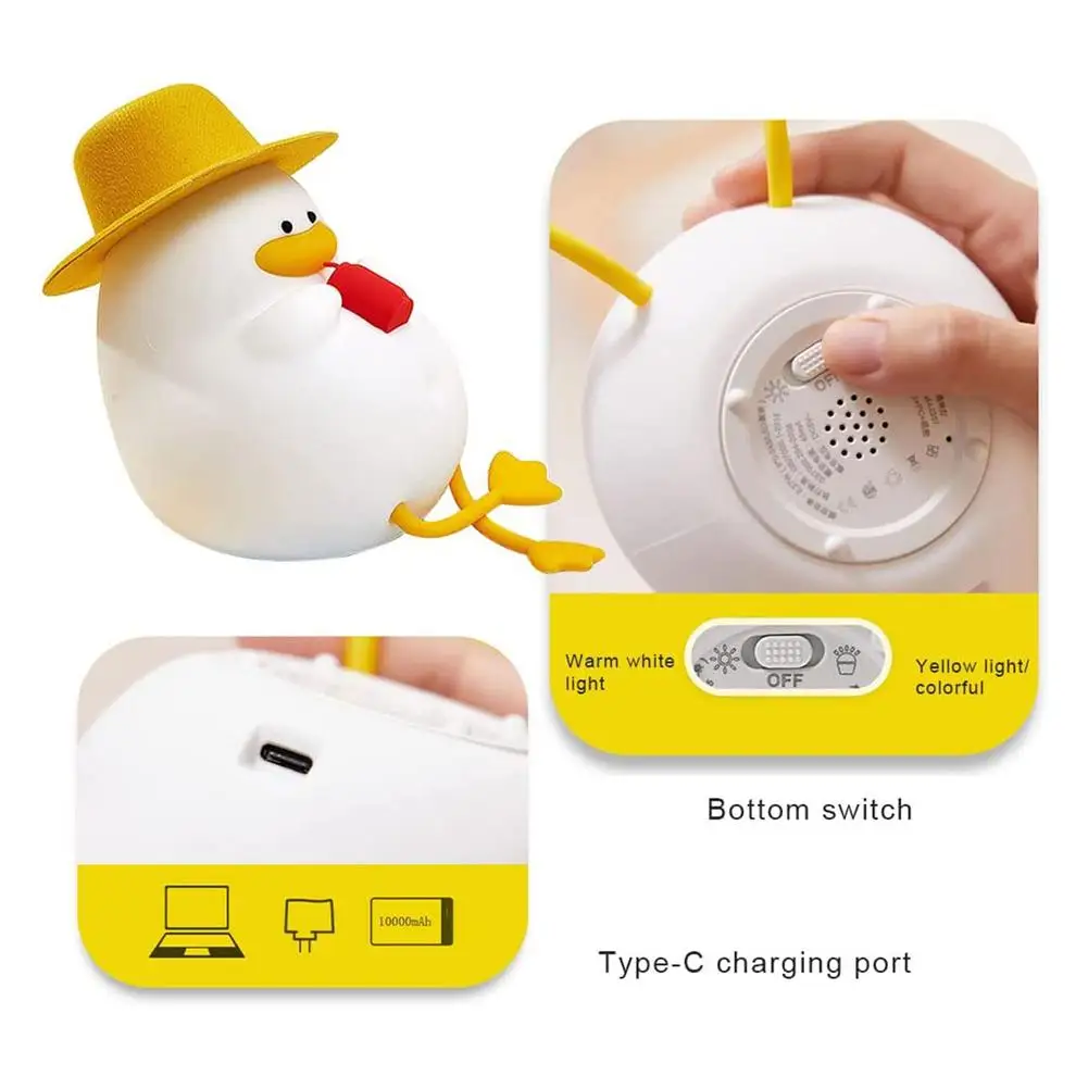 Cute Duck LED Night Lights for Kids, Animais dos desenhos animados, Lâmpada de silicone para crianças, Cabeceira colorida USB, Escurecimento, 3 níveis