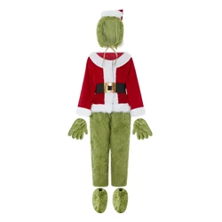 Christmas Green Fuzzy Costume Outfit Cover Monster Cosplay Costume Adult Kids 7PCS Horror Santa Suit