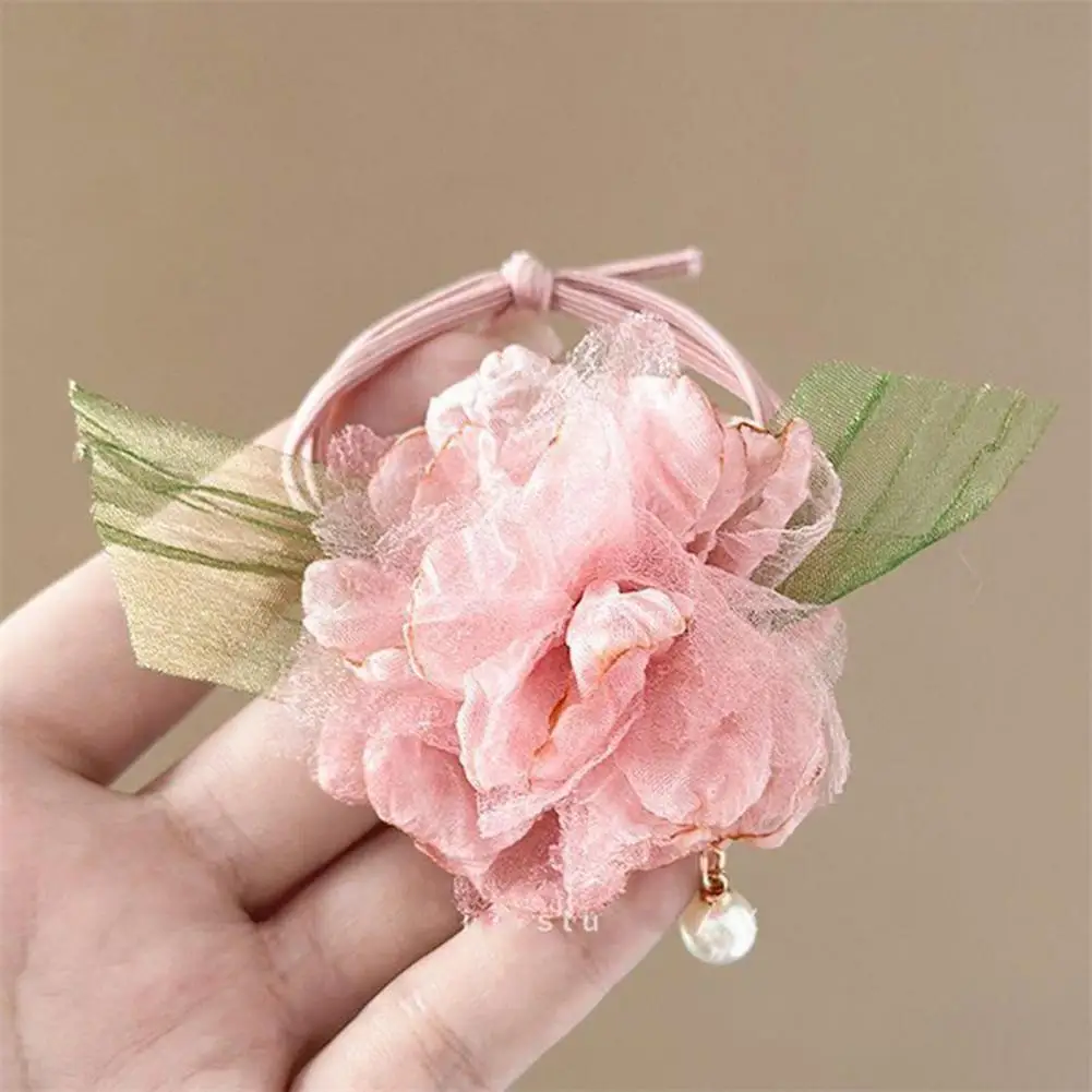 

Эластичная резинка для волос, женский аксессуар для волос, 2 шт., высокоэластичные резинки для волос с цветами из органзы, пришитыми вручную, с подвеской из искусственного жемчуга.