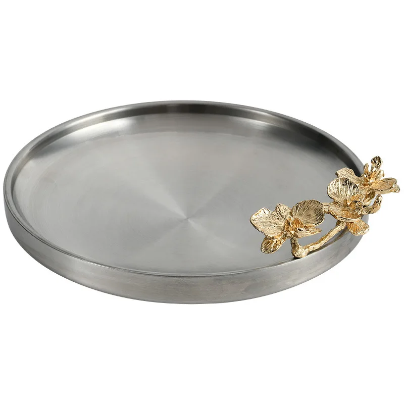 

304 stainless steel brushed matte double-layer round tray zinc alloy flower restaurant creative tableware round plate