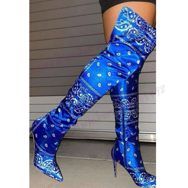 

Blue Satin Embroidery Over The Knee Boots Pointed Toe Shoes for Women Thin High Heels Sexy Party Shoes 2024 Zapatos Para Mujere