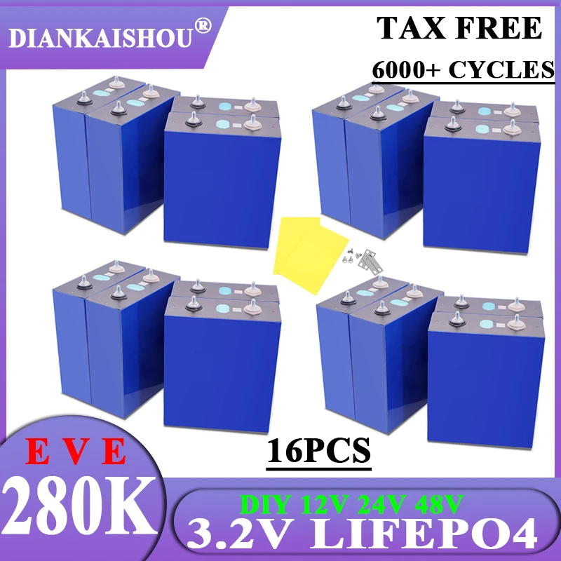 

16pcs 3.2V Lifepo4 Battery 280AH 280K Cells Deep Cycles For DIY 12V 24V 48V Household RV EV solar energy Grade A Battery Pack