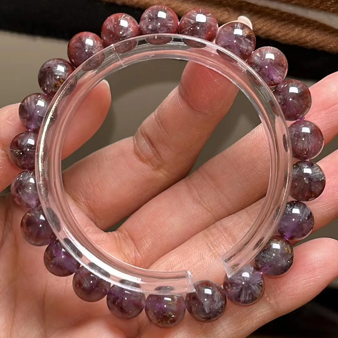 Natural Cacoxenite Purple Auralite 23 Clear Round Beads Bracelet 8.5mm Cat Eye Women Men Cat Eye Canada Stretch Jewelry  AAAAA