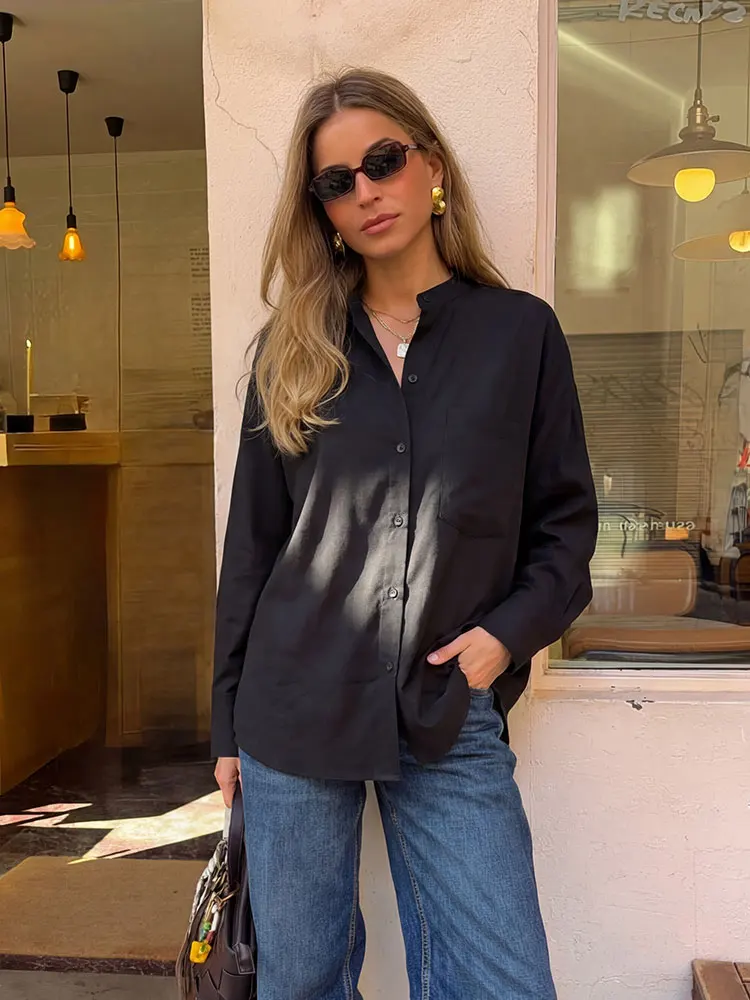 

HH Womens Oversized Black Shirt Stand Collar Long Sleeve Button Blouse With Chest Pocket For Daily Date Casual Shirt Tops