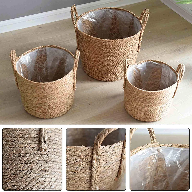 Scandinavian Hand-woven Flower Basket Flowerpot Basket Flowerpot Ornament Living Room Rattan Storage Blue Frame-1pc