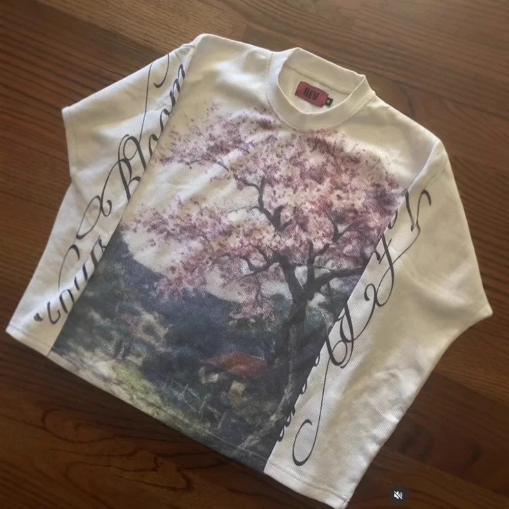 Y2K Punk West Coast Vintage Floral Letter Pattern Print Street Fashion Casual Style Loose Slim Round Neck Long-sleeved T-shirts