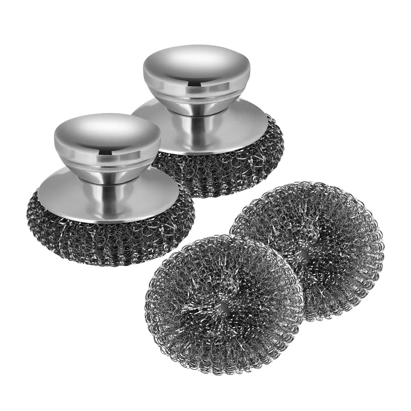 2Pcs Stainless Steel Scrubber with 2 Replacement Wire Pads Steel Wool Scrubber Pot Cleaning Brush Dishes Scrubber Cleaning Tool