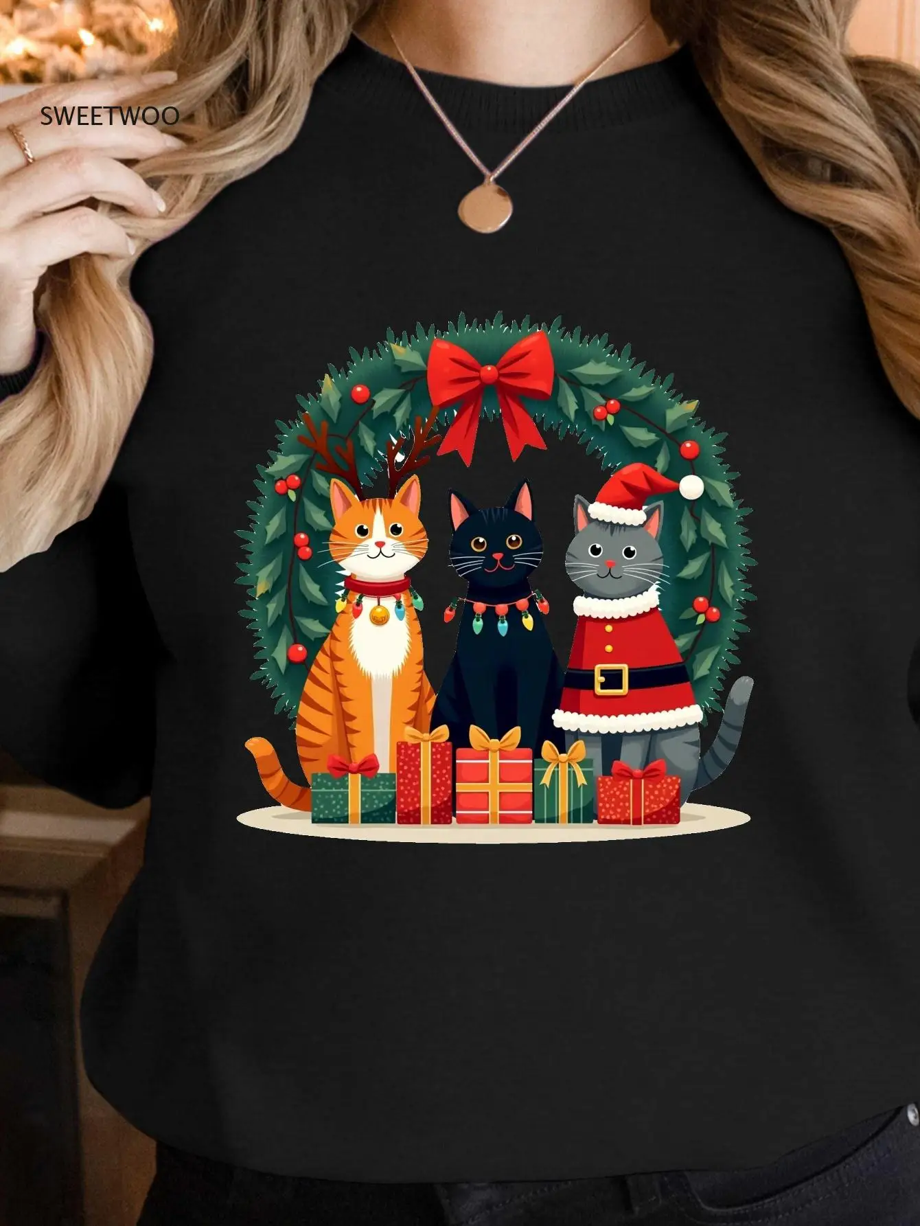 Women's Crew Neck Casual Pullover with Black & White Cat Faces, Holly & Bow Design, Cozy Fall, Machine Washable