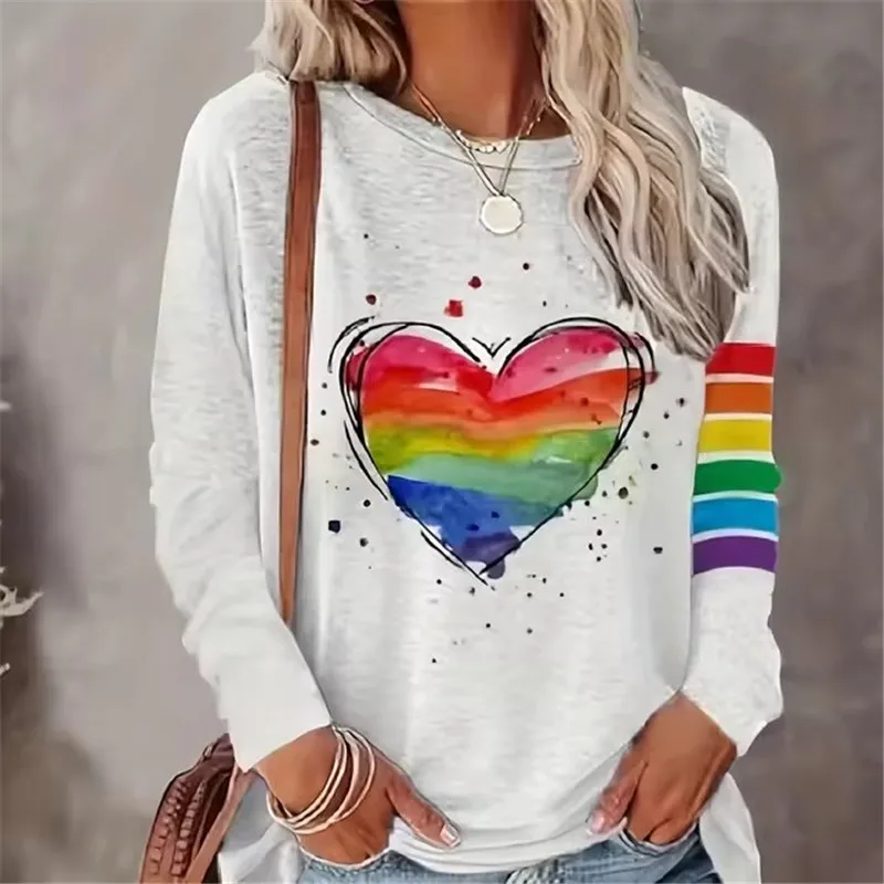 Rainbow Print Casual Long Sleeve Crew Neck T-shirt For Spring Autumn New Women's Clothing