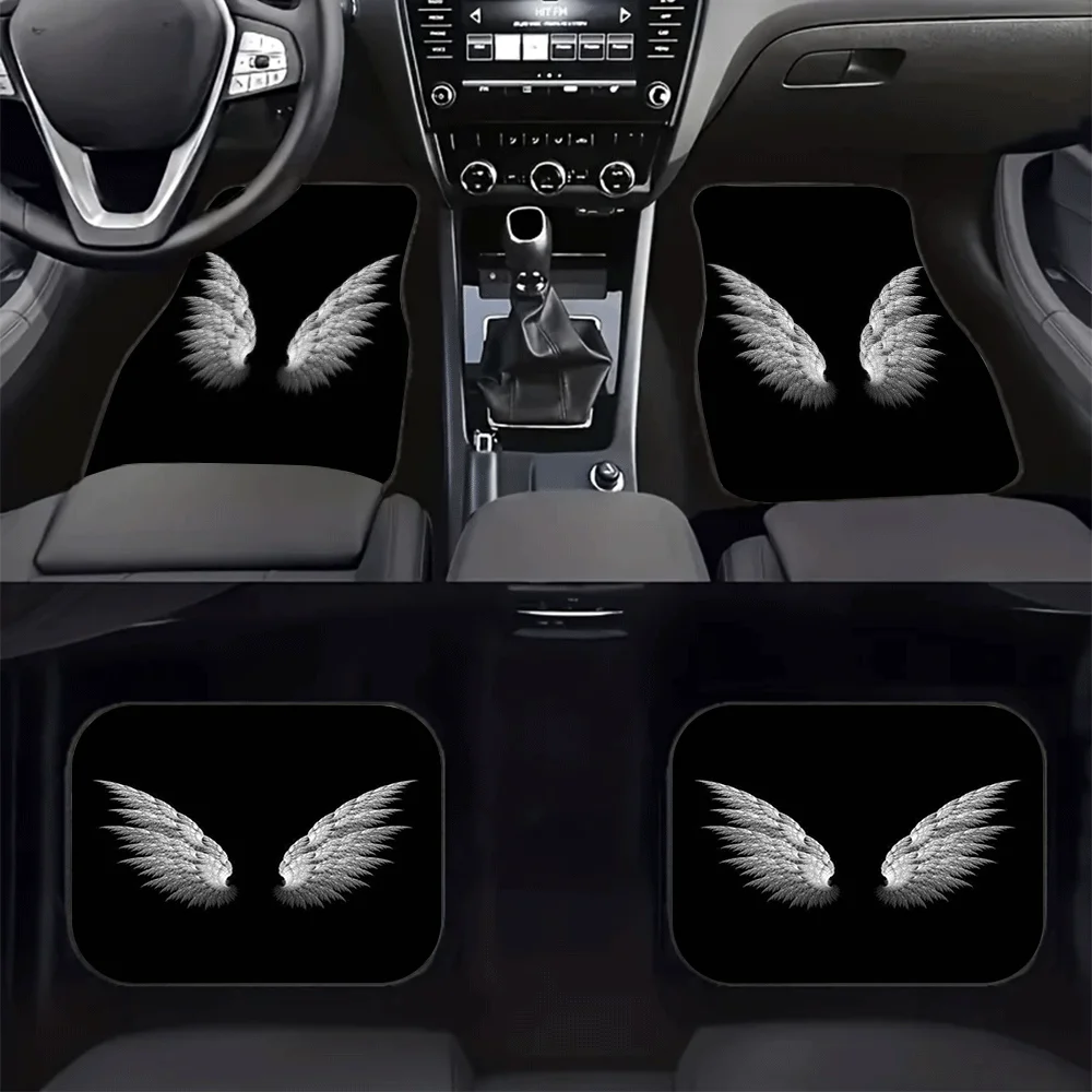 4pcs Angel Wing Car Floor Mats Set - Fit All Cars, Non-Slip & Dustproof All-Weather Protection, White/Black Angel Wing Design Wi