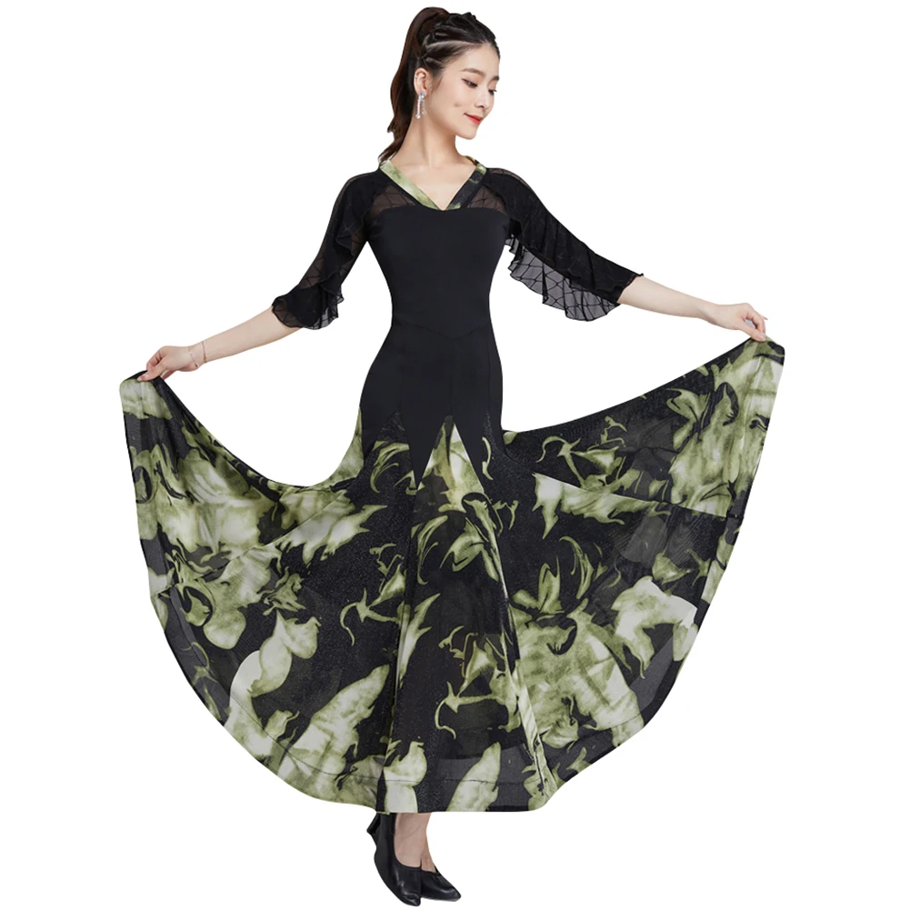 

Waltz Ballroom Competition Dress Standard Dance Performance Costume Stage Outfit Women Printing Evening Gowns Mesh Short Sleeve