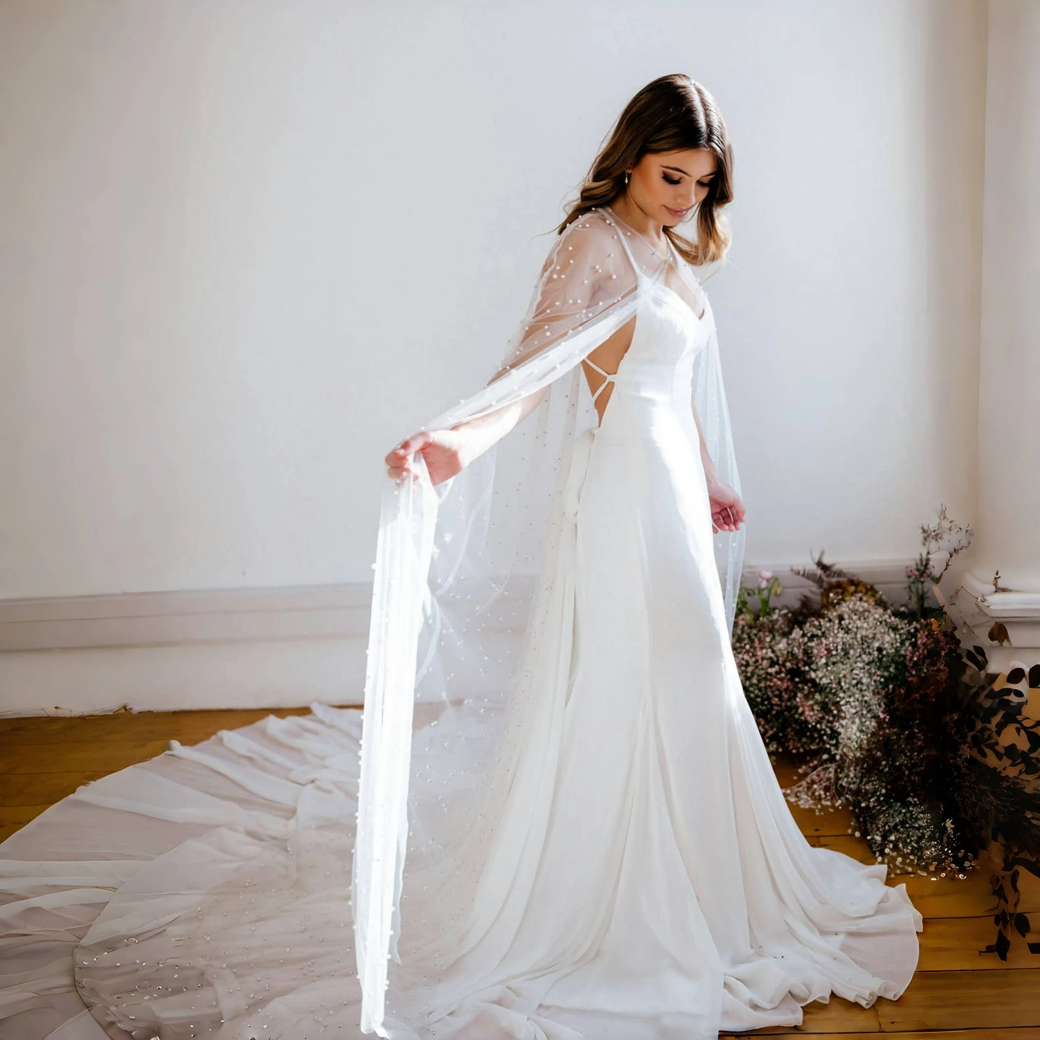 Cathedral Tulle Cape with Scattered Pearls Sheer Bridal Wrap Pencil Edge Pearl Button Elegant Flowy Shawl For Strapless Dresses