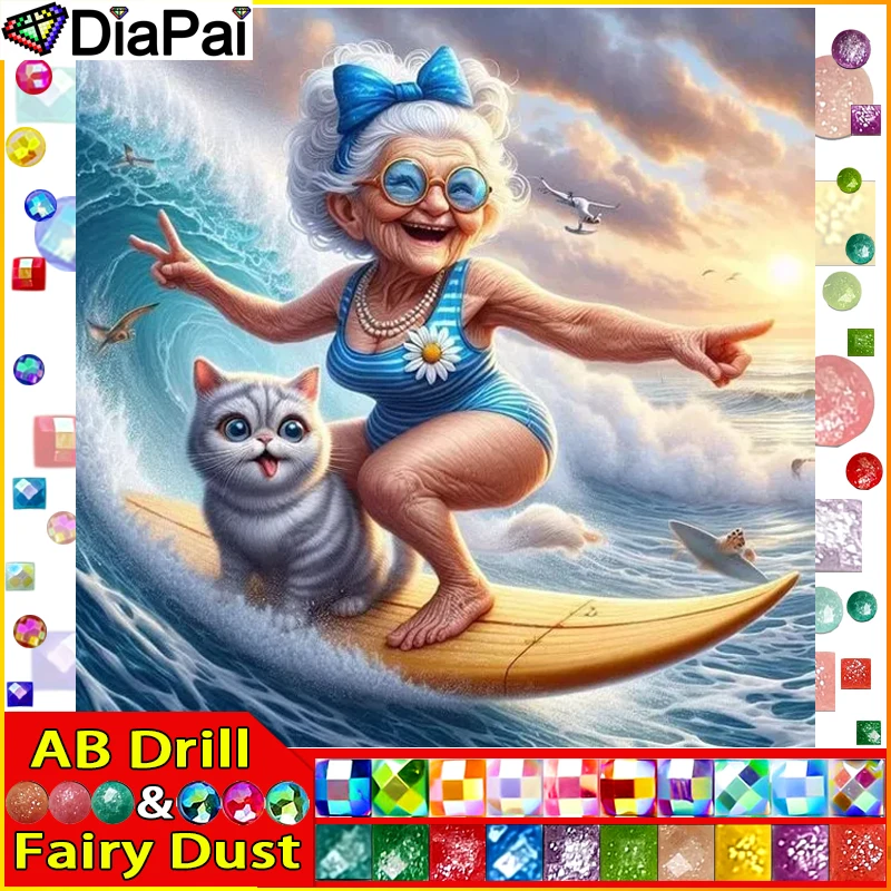 

DIAPAI Fairy Dust AB алмазная живопись полный квадратный/круглый бриллиант "Granny Cat Beach" узор вышивка крестиком 5D горный хрусталь