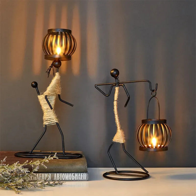 Creative Wrought Iron Hemp Rope Girl Lantern Solar Lighting Home Living Room Candle Holder Art Decoration Ornament