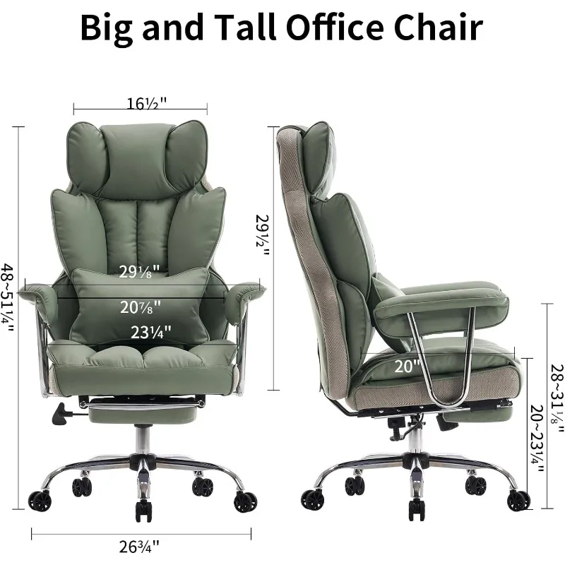 Tall Office Chair, PU Leather Computer Chair, Executive Chair with Leg Rest and Lumbar Support, Light Green Office Chair