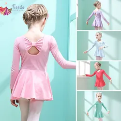 Classic Long Sleeve Leotard Dance Ballet Dress Kids Girls Bow Back Ruffle Skirt Gymnastics Training Clothes Ballerina Outfits