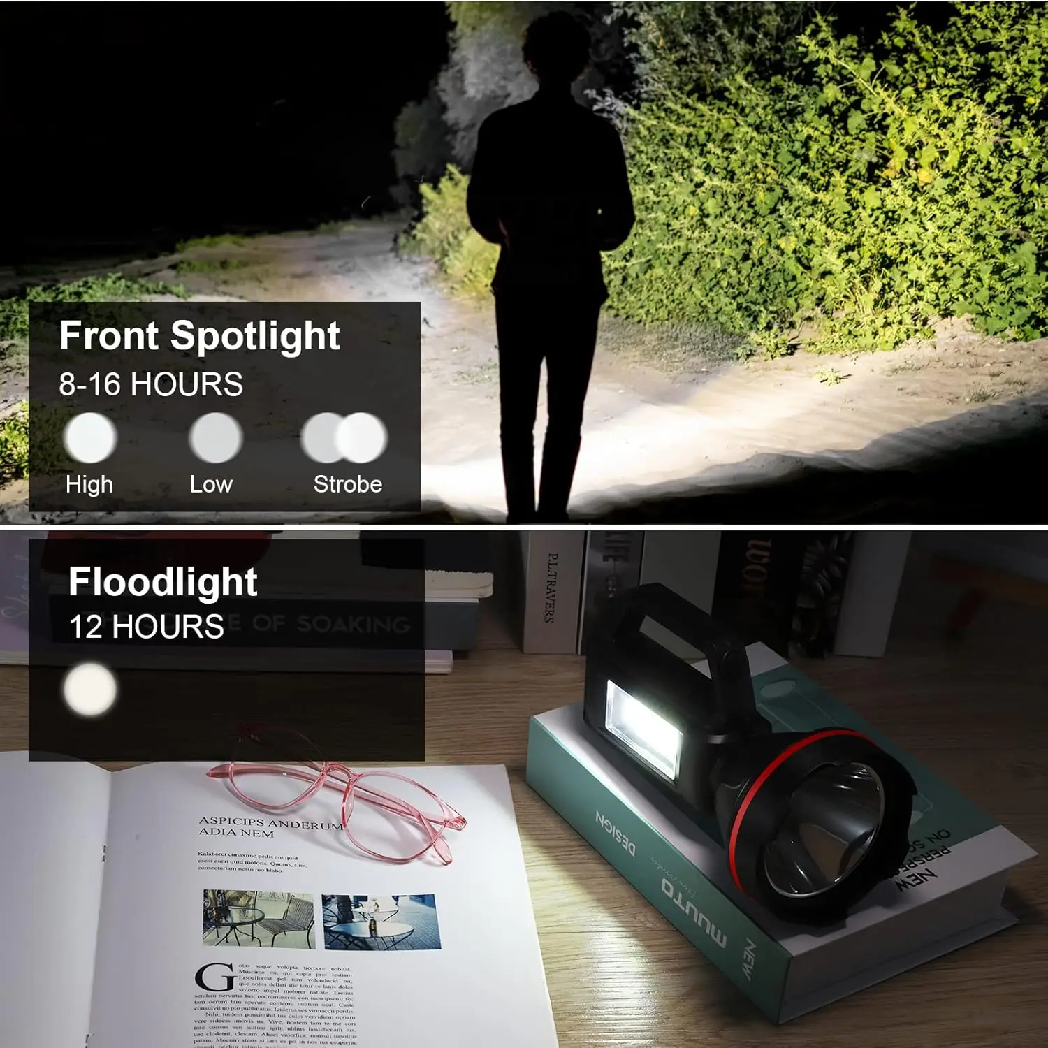 Rechargeable Spotlight Flashlight, High Lumens Handheld Searchlight with USB Output and Shoulder Strap for Emergency Outdoor Use