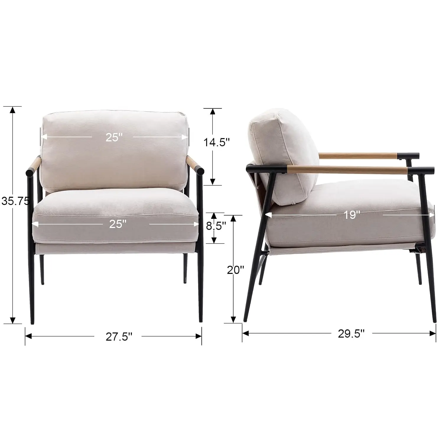 Mid-Century Accent Chair Set of 2 Chenille Fabric Lounge Chair Black Metal Legs Living Room Bedroom Reception Beige Customized