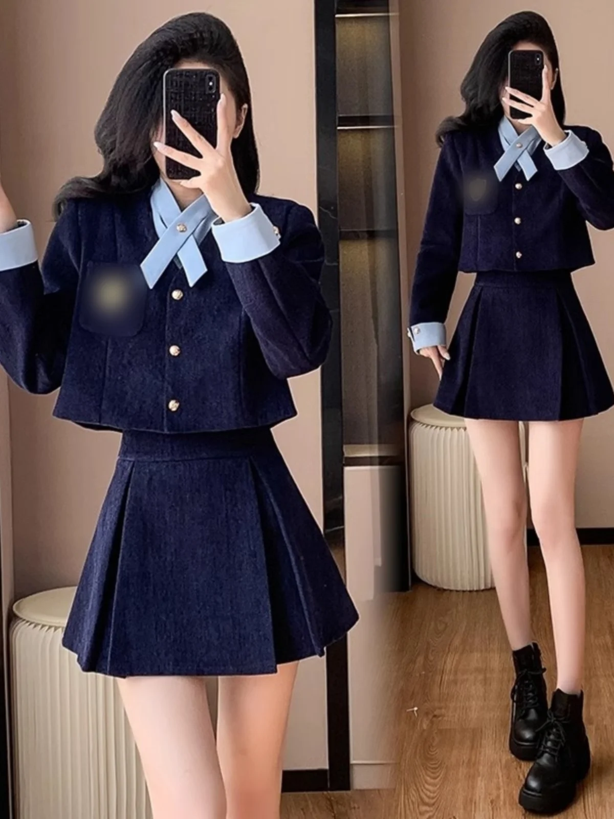 

Chic Korean Style Set Short Outerwear And Skirt Fashionable Two-Piece Spring Outfit Comfortable Cotton V-Neck Button Detail