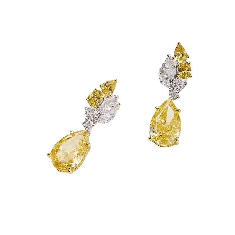 

S925 Silver Ear Stud Pear shaped Yellow Zircon Water Drop Luxury Micro inlaid Petal Earrings and Earrings Jewelry