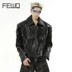 FEWQ 2024 New Casual Men's PU Leather Jacket Multiple Zippers Decoration Design Costume Lapel Patchwork Male Coats 24E2812