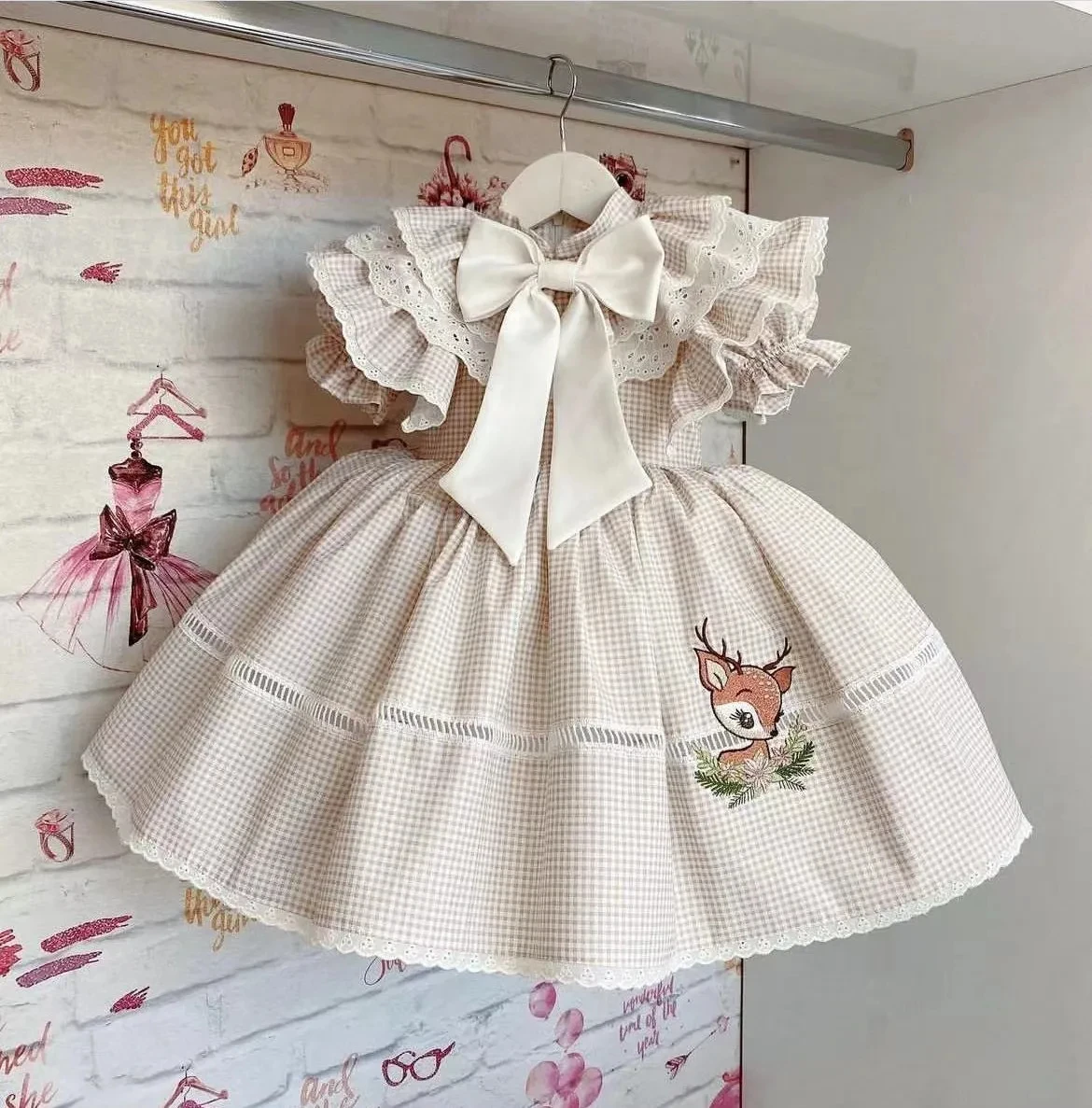 Baby Girl SummerBeige Plaid Deer Embroidery Turkish Vintage Ball Gown Princess Dress for Easter Eid Birthday Party